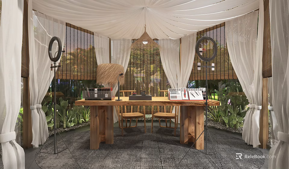 Public Workspace With Wooden Table Two Chairs Ring Lights White Curtains Green Plants Bamboo Screens 3d model 
