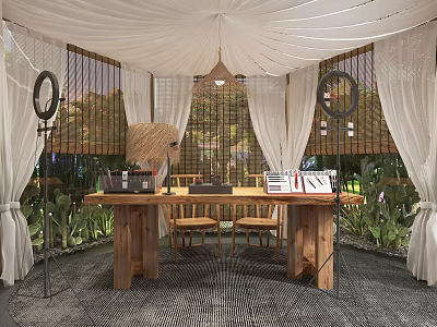 Public Workspace With Wooden Table Two Chairs Ring Lights White Curtains Green Plants Bamboo Screens 3d model