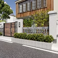 Single Family Villa With Traditional Wooden Exterior Large Windows Courtyard Green Plants And Main Gate