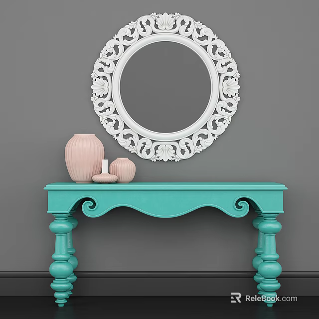 Turquoise Console Table With Carved White Mirror And Pink Vases On Gray Wall 3d model 