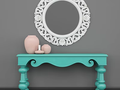 Turquoise Console Table With Carved White Mirror And Pink Vases On Gray Wall 3d model