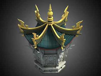 Traditional Chinese Style Pagoda with Golden Decorations Green Roof and Carved Base 3d model