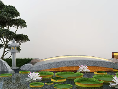 Serene Garden Ornament with Lotus Pond Stone Lantern Pine Tree and Small Bridge 3d model