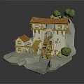 Low Poly Watermill Building With Orange Roof On Rock Surrounded By Trees