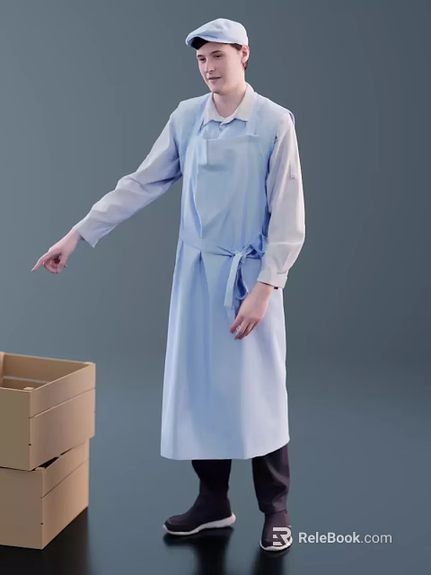 Man in Long Light Blue Apron and Long Sleeve Shirt Pointing at Open Cardboard Box 3d model 