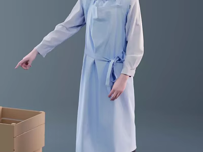 Man in Long Light Blue Apron and Long Sleeve Shirt Pointing at Open Cardboard Box 3d model