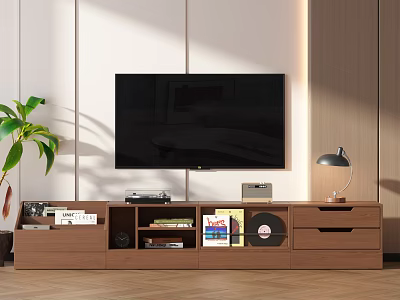 Modern Wooden TV Stand With Open Shelves Storage Drawers TV Lamp Books Vinyl Records 3d model