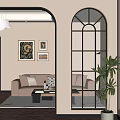 Modern Hallway Interior With Arched Design Black Metal Grille Sofa Green Plant And Decorative Painting