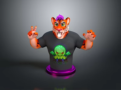 Vibrant Tiger Head Cartoon Character Wearing Black T-Shirt With Green Monster Graphic And Purple Base 3d model