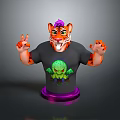 Vibrant Tiger Head Cartoon Character Wearing Black T-Shirt With Green Monster Graphic And Purple Base