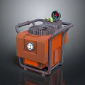 Orange Industrial Machine With Wheels Handles Circular Grille Top And Dashboard