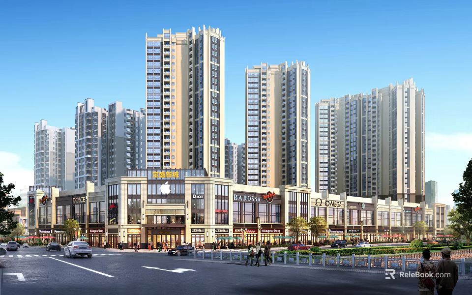 Bustling Modern Commercial Street Featuring High Rise Buildings Shops Pedestrians and Vehicles 3d model 