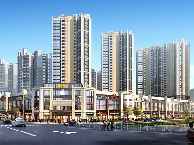 Bustling Modern Commercial Street Featuring High Rise Buildings Shops Pedestrians and Vehicles 3d model