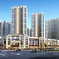 Bustling Modern Commercial Street Featuring High Rise Buildings Shops Pedestrians and Vehicles