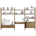 Modern Bookcase With Wooden Shelves Metal Frame And Decorative Books Vases Table Lamp