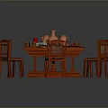 Wooden Dining Table Set With Red Chairs Clay Pots Fruits And Tableware
