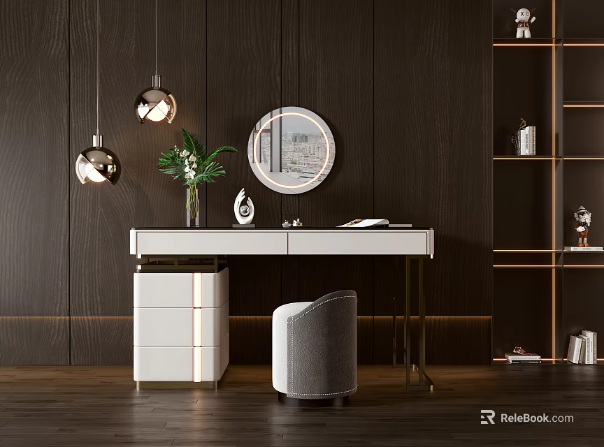 Elegant Modern Dressing Table Interior With Round Mirror Hanging Pendant Lights And Dark Wooden Walls 3d model 