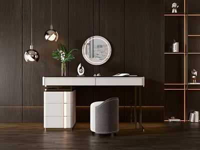 Elegant Modern Dressing Table Interior With Round Mirror Hanging Pendant Lights And Dark Wooden Walls 3d model
