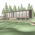 Modern Forest House With Wooden Deck Surrounded By Trees And Natural Landscape