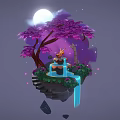 Cartoon Floating Island Scene With Purple Tree Blue Fountain Stone Steps And Full Moon