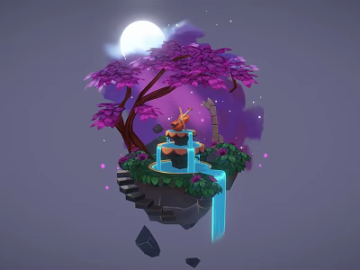 Cartoon Floating Island Scene With Purple Tree Blue Fountain Stone Steps And Full Moon 3d model
