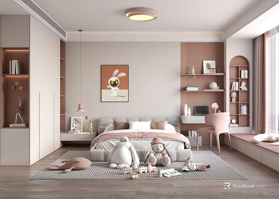 Cozy Kids Room Interior With Stuffed Toys Bookshelves Desk Chair Rug And Wall Art 3d model 