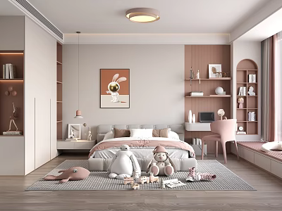 Cozy Kids Room Interior With Stuffed Toys Bookshelves Desk Chair Rug And Wall Art 3d model