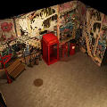 Urban Street Setting With Graffiti Covered Walls Red Telephone Booth And Bench