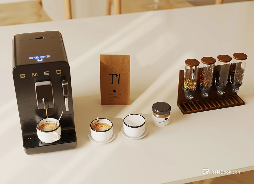 Modern Cafe Interior With SMEG Coffee Machine Coffee Cups Wooden Box And Coffee Bean Jars 3d model 