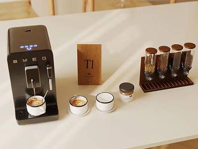 Modern Cafe Interior With SMEG Coffee Machine Coffee Cups Wooden Box And Coffee Bean Jars 3d model