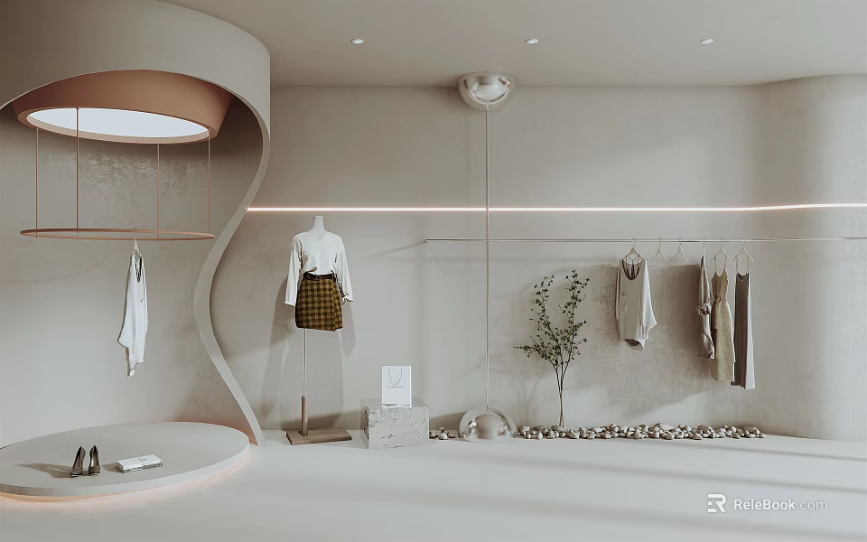 Modern Clothing Store Interior With Stylish Mannequin Hanging Clothes Green Plant Soft Lighting Display Counter 3d model 