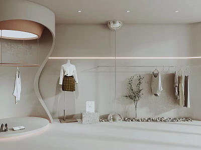 Modern Clothing Store Interior With Stylish Mannequin Hanging Clothes Green Plant Soft Lighting Display Counter 3d model