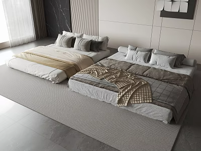 Modern Bedroom Interior With Double Beds Yellow Brown Quilts And Gray Pillows 3d model
