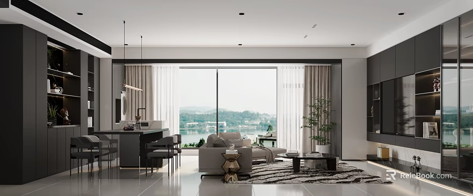 Modern Living Room Interior Design With Large Windows Lake View Sofa And Area Rug 3d model 