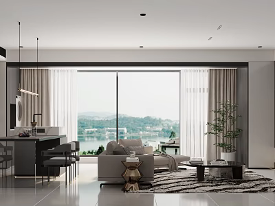 Modern Living Room Interior Design With Large Windows Lake View Sofa And Area Rug 3d model
