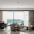Modern Living Room Interior Design With Large Windows Lake View Sofa And Area Rug