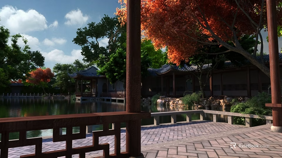 Traditional Landscape Bridge In Garden With Water Trees Pavilion And Brick Pavement 3d model 