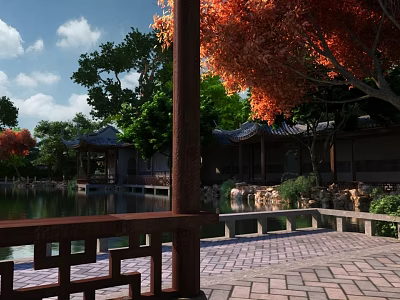 Traditional Landscape Bridge In Garden With Water Trees Pavilion And Brick Pavement 3d model