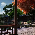 Traditional Landscape Bridge In Garden With Water Trees Pavilion And Brick Pavement
