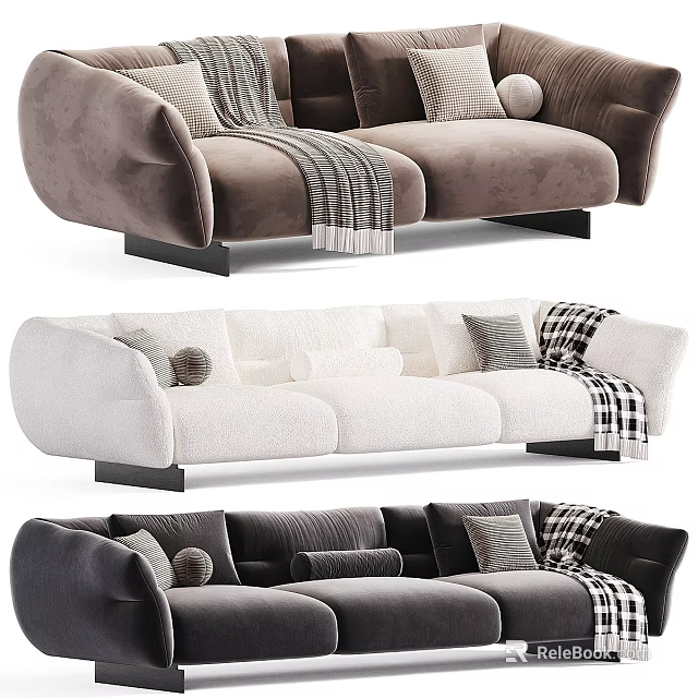 Three Seater Sofa With Plush Cushions Stylish Throw Blankets And Modern Design 3d model 