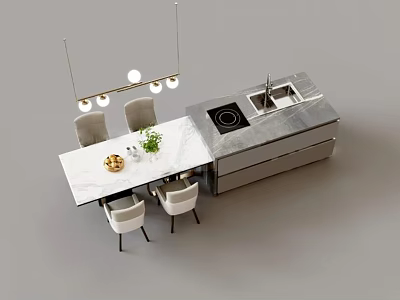 Modern Kitchen Bar Counter With Marble Top Dining Table Chairs And Hanging Lights 3d model