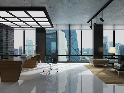 Modern Office Interior With Large Windows City View Desk Chair And Sofa 3d model