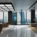 Modern Office Interior With Large Windows City View Desk Chair And Sofa