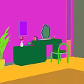 White Modern Dressing Table With Drawers Mirror Chair Green Plant And Ambient Lighting