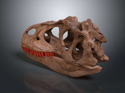 Detailed Brown Dinosaur Skull Doll with Red Teeth On Gray Background 3d model