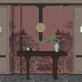 Chinese Style Console Table With Pink Landscape Backdrop Golden Decoration Wall Lamps And White Vase