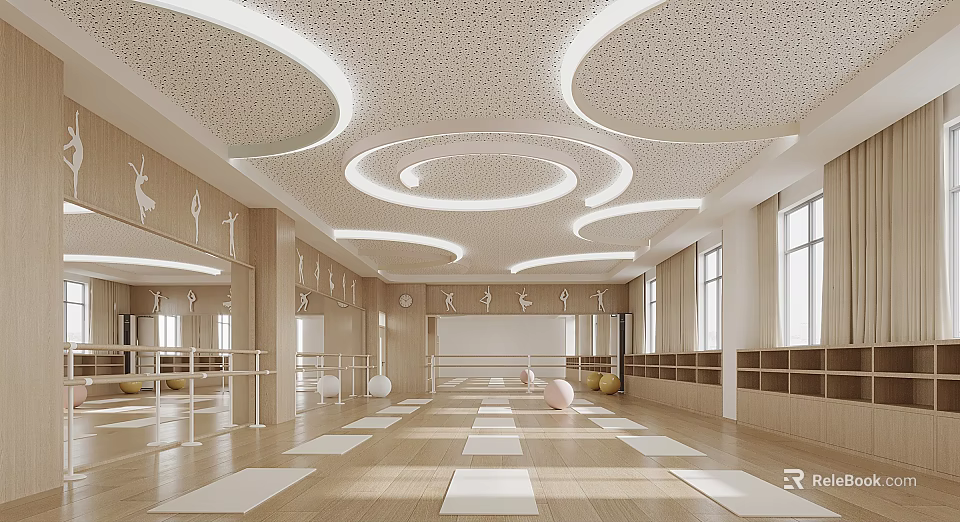 Spacious Yoga Fitness Studio With Wooden Floors White Mats Mirrors And Circular Ceiling Lights 3d model 