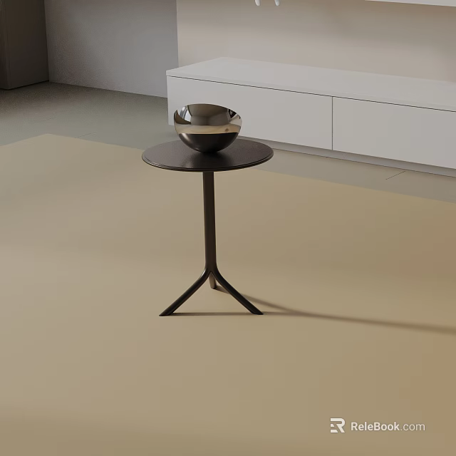 Minimalist Modern Side Table With Round Metal Tabletop And Silver Bowl In Beige Indoor Space 3d model 