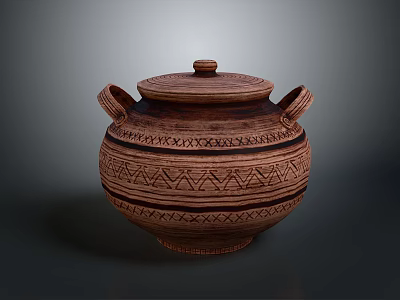 Traditional Terracotta Clay Pot With Lid Two Handles And Geometric Patterns 3d model