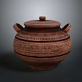 Traditional Terracotta Clay Pot With Lid Two Handles And Geometric Patterns